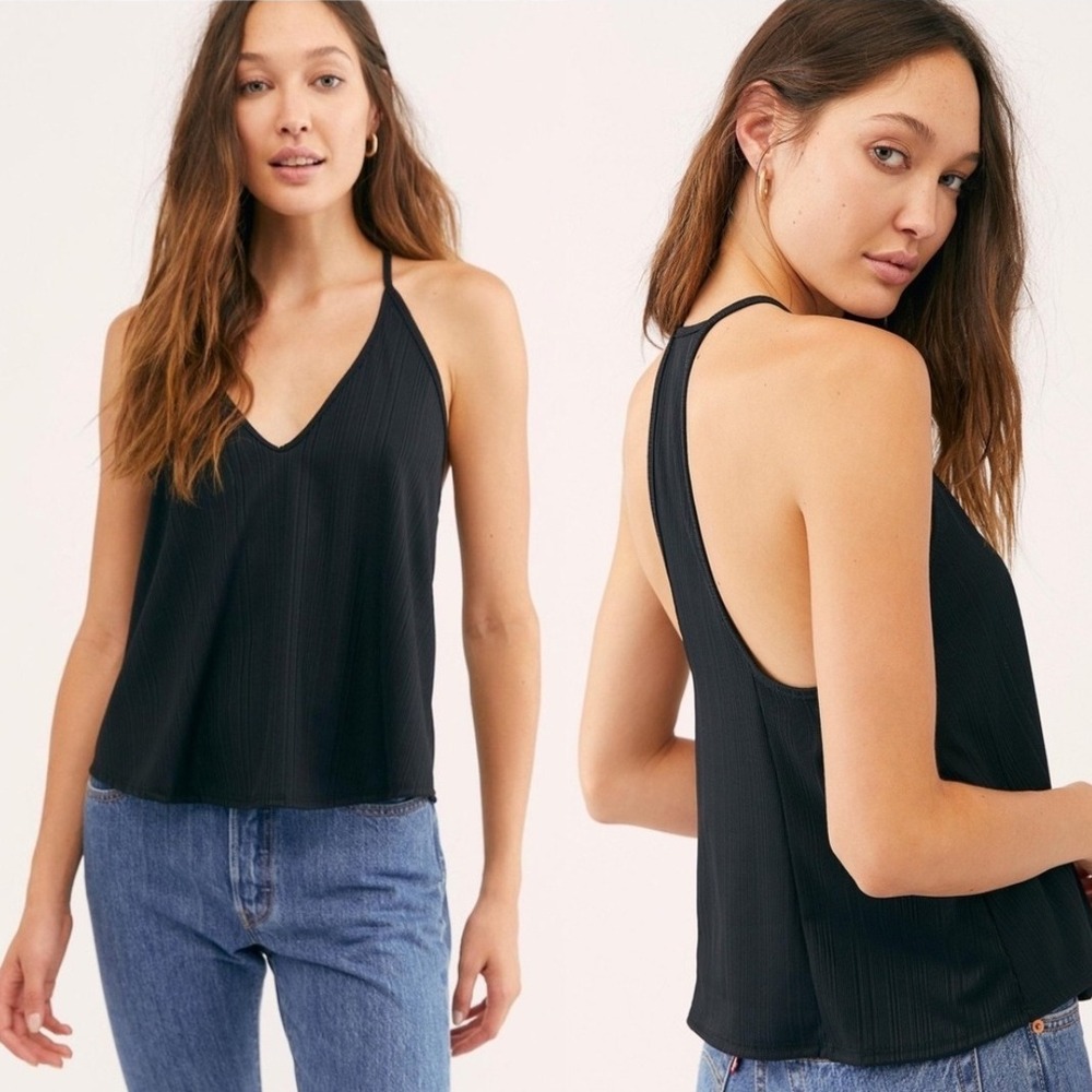 Free People -1646 NWT Slinky Slinky Ribbed V Neck‎ Racerback Tank Top Black XS